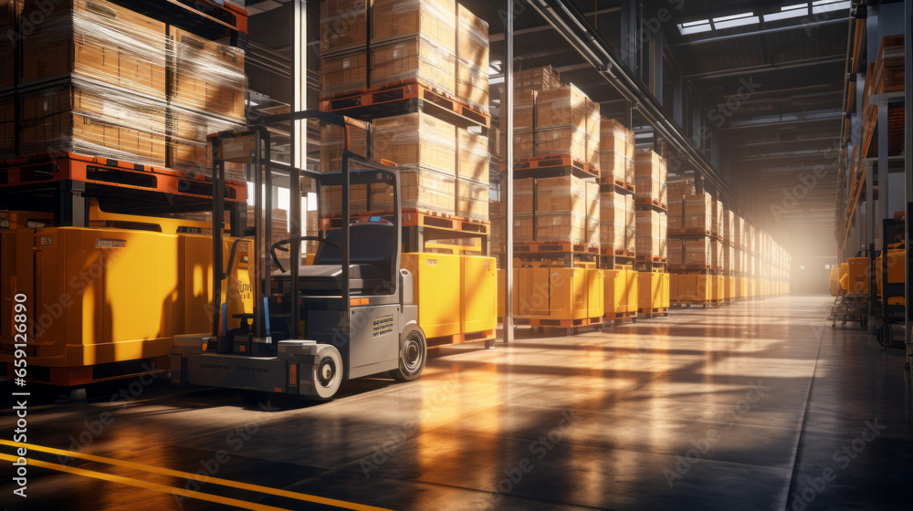 An automated warehouse with robots moving stacks of goods An automated warehouse with robots moving stacks of goods