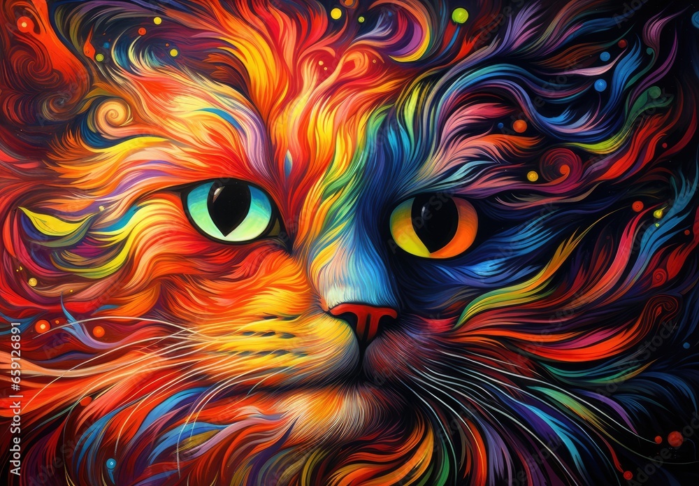 Close-up of a cat's face with bright multicolored fur. Illustration for cover, card, postcard, interior design, decor or print. Close-up of a cat's face with bright multicolored fur. Illustration for cover, card, postcard, interior design, decor or print.