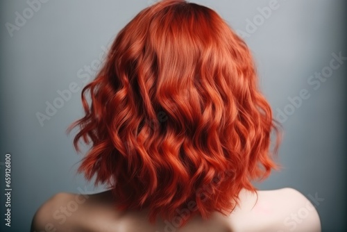 Beauty redhead women, Small perm, Bob cut, View from behind on white background.