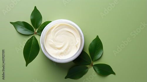 Obraz Cosmetic skin care cream with leaves on green  background, beauty makeup healthy skincare concept 