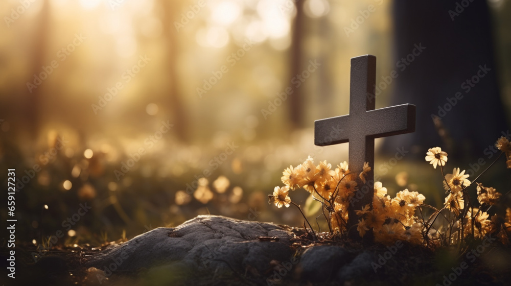 Capture the solemn beauty of a Catholic cemetery with a grave marker and cross engraved on it set against a softly blurred background to create a sense of peaceful serenity Funeral concept - obrazy, fototapety, plakaty 