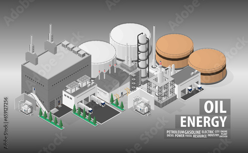 oil energy, diesel oil power plant, refinery with isometric graphic