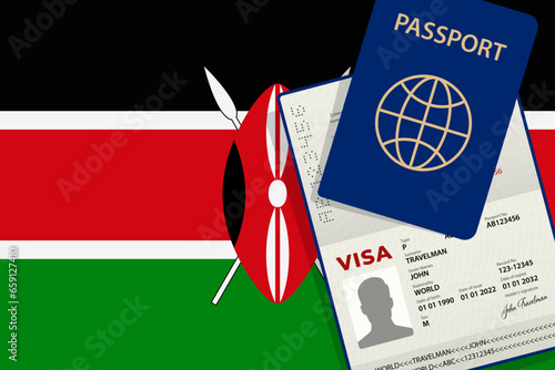 Visa to Kenya and Passport. Kenyan Flag Background. Vector illustration