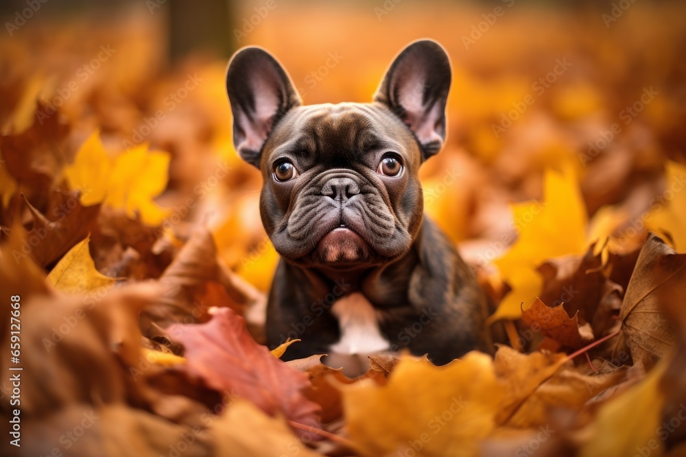 Charming French bulldog autumn. Cute park pet. Generate Ai