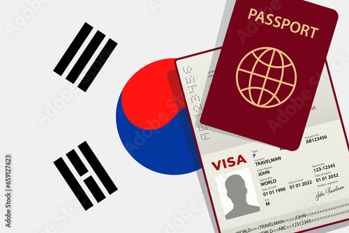 Visa to South Korea and Passport. South Korean Flag Background. Vector illustration