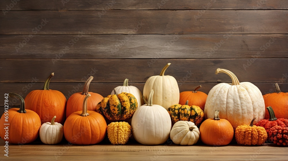 a group of pumpkins sitting on top of a wooden table. generative ai a group of pumpkins sitting on top of a wooden table. generative ai