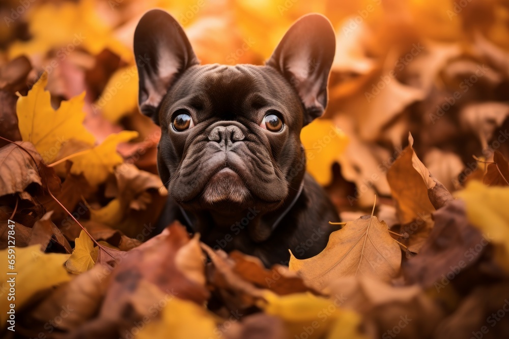 Colorful French bulldog autumn. Cute park pet. Generate Ai
