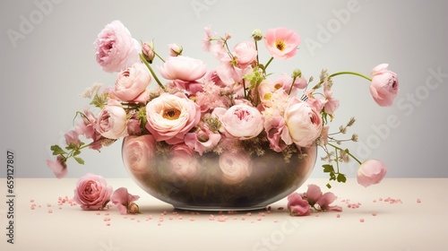 Bouquet of pink peony flowers in a ceramic vase. Blooming plants.  Illustration for banner, poster, cover, brochure or presentation. © Login