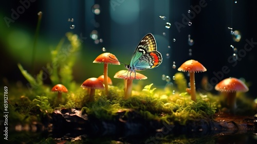  a group of mushrooms with a butterfly on top of them. generative ai