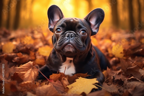 Crisp French bulldog autumn. Cute park pet. Generate Ai © juliars