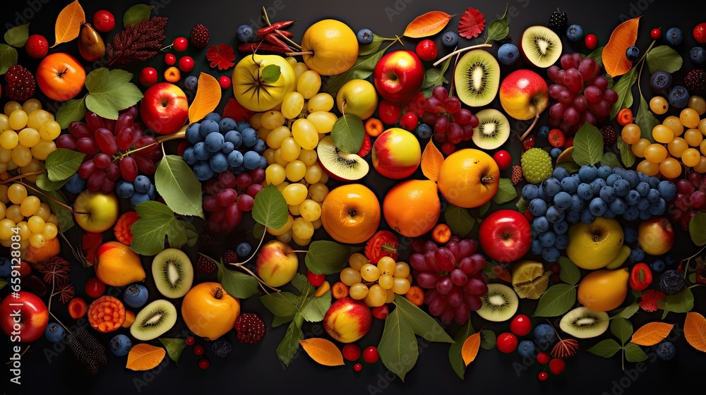 a painting of a bunch of fruit on a black background. generative ai a painting of a bunch of fruit on a black background. generative ai