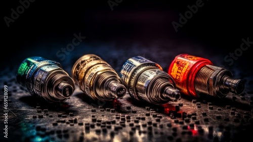 Car Spark Plug: Isolated Part for Efficient Ignition and Power - Metal Engine Equipment with Steel Connector and Wooden Jack, generative AI photo