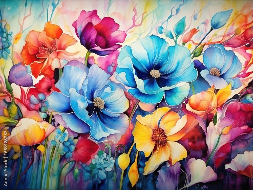  a painting of flowers painted on a wall in a room.  generative ai
