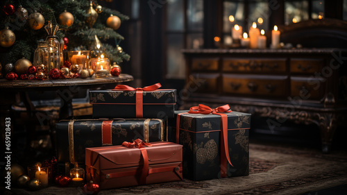 Christmas presents on a wooden surface with bokeh lighting in the background.