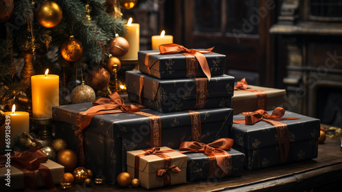 Christmas presents on a wooden surface with bokeh lighting in the background.