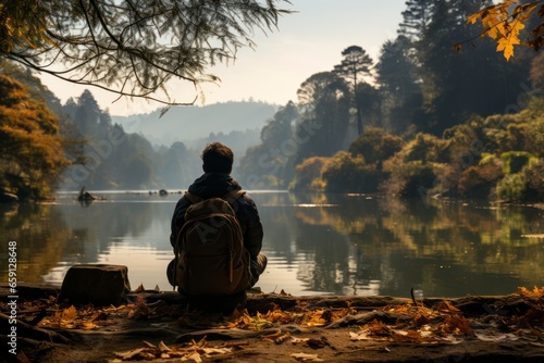 A serene moment of reflection as a traveler enjoys a quiet morning by a tranquil lake, with mist rising from the water and a sense of peace © Hunman