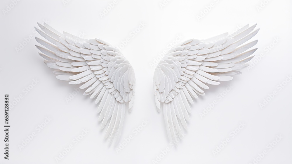 Obraz premium a pair of white angel wings on a white background with space for text. generative ai