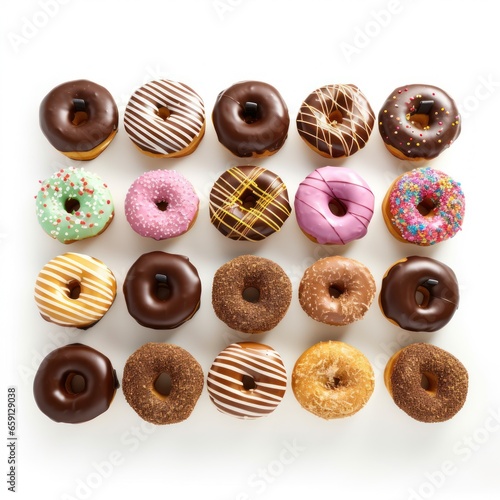 Donut wall: Donuts arranged on a wall for a fun display. isolated
