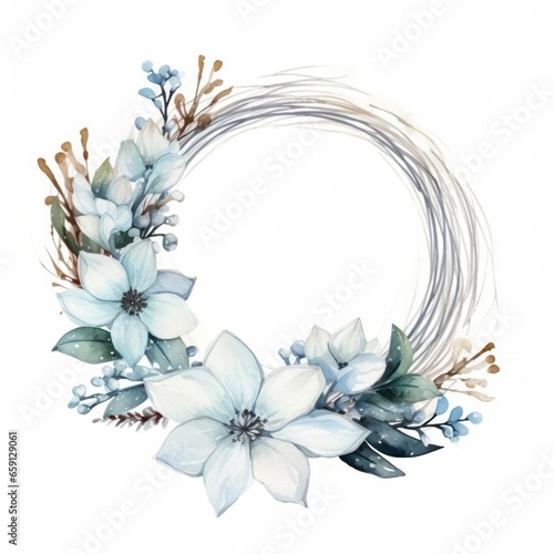 Elegant winter wreath with white flowers and a watercolor frame