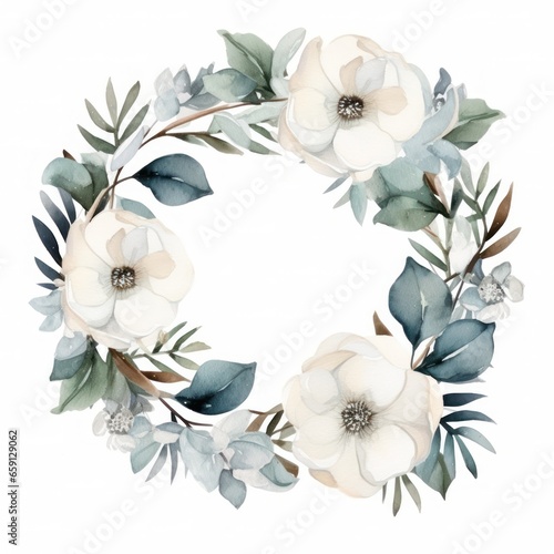 Elegant winter wreath with white flowers and a watercolor frame