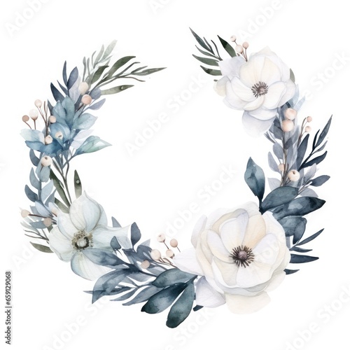 Elegant winter wreath with white flowers and a watercolor frame