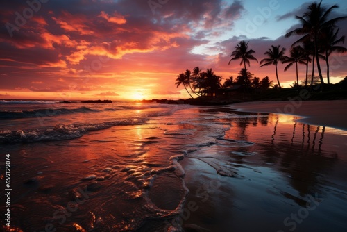 A serene tropical beach at sunset, with palm trees swaying in the gentle breeze and the ocean reflecting the warm hues of the setting sun © Hunman