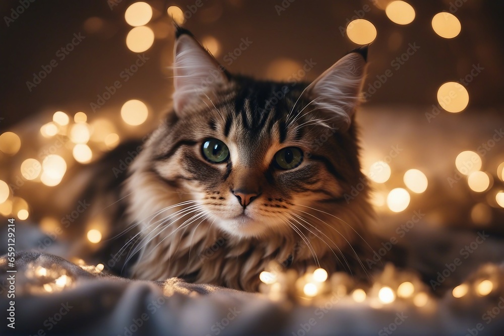 A cute young tabby cat lies wrapped on a fluffy blanket with beautiful festive lights behind
