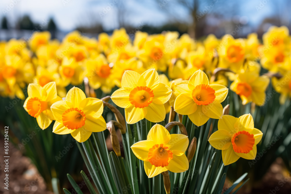 Large-cupped Daffodil Narcissus Fortune showcases golden yellow flowers gracefully 