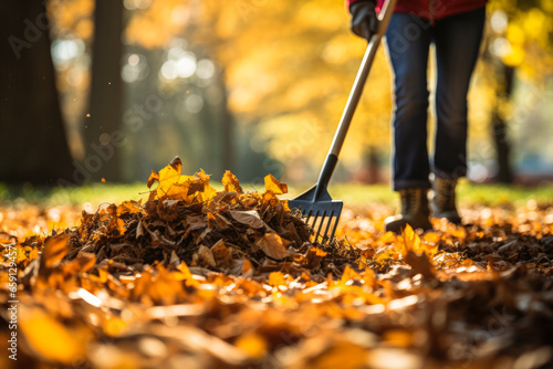 Person rakes leaves during the autumn season for clean yards 