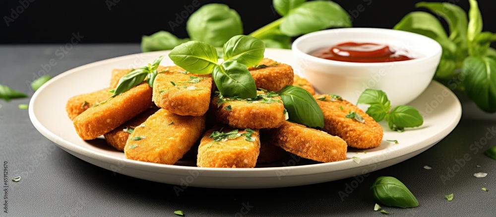Healthy and delicious vegan food concept with close up vegetarian nuggets vegan dipping sauce and rocket leaves on a light background