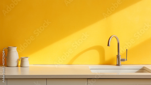 A yellow kitchen with a white countertop photo