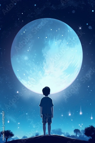 illustration, the boy standing looking at a bright moon