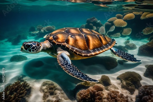 A serene sea turtle gliding through crystal-clear waters - AI Generative