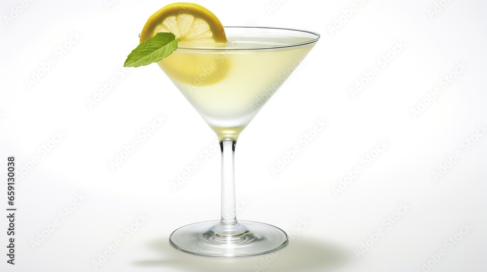  a glass filled with a drink and a lemon wedge on top of it.  generative ai