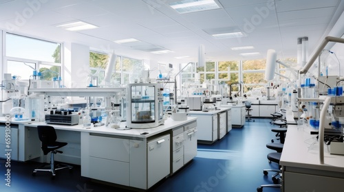 Science laboratory, Research desks, Medical test machine on counter in hospital.