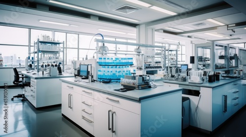 Modern Science Laboratory With Computers, Microscopes, Test Tubes And Other Laboratory Equipments.
