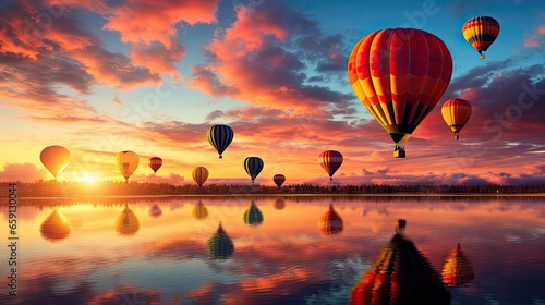  a group of hot air balloons flying over a lake at sunset. generative ai