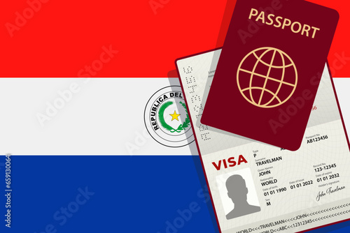 Visa to Paraguay and Passport. Paraguayan Flag Background. Vector illustration