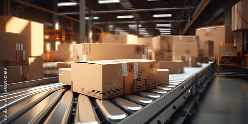 "Warehouse Efficiency: 3D Rendering of Cardboard Box Conveyor" "Logistics Simulation: Cardboard Boxes on 3D Conveyor in Warehouse Virtual Warehouse Management: 3D Rendered Conveyor and Cardboard Box