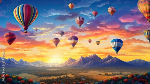  a painting of hot air balloons flying over a mountain range. generative ai