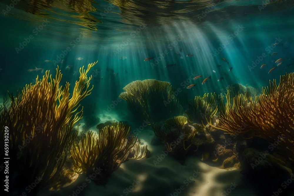 A lush underwater kelp forest with sunlight filtering through the water - AI Generative - obrazy, fototapety, plakaty 