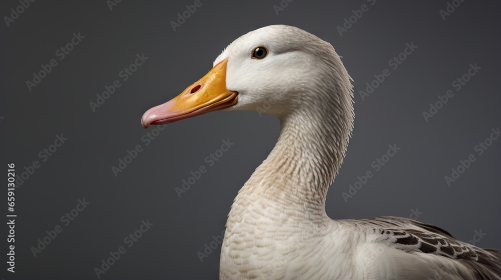 a white duck with a yellow beak standing in front of a gray background. generative ai a white duck with a yellow beak standing in front of a gray background. generative ai