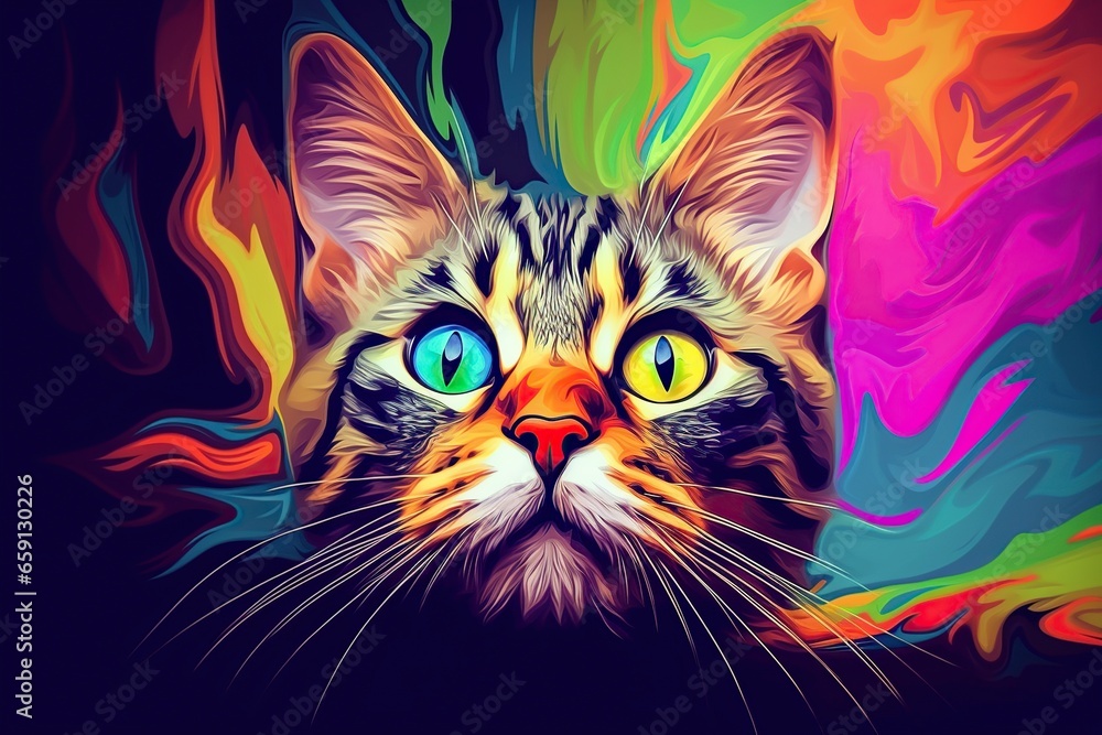 illustration, surprised cat with its colorful, fantasy