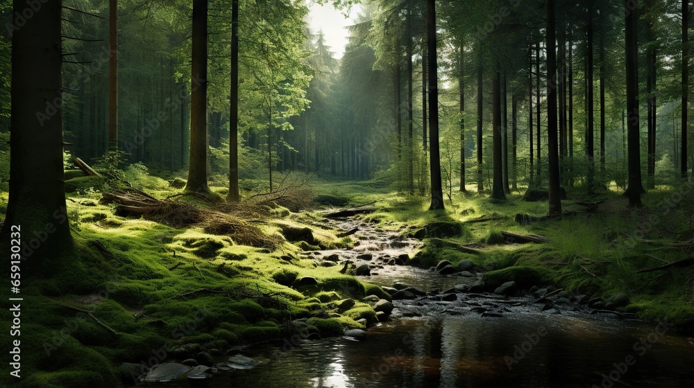 Fototapeta premium a stream running through a lush green forest filled with trees. generative ai