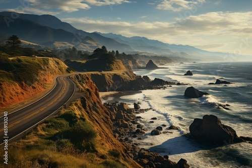 An epic road trip scene with a convertible car driving along a winding coastal highway, cliffs on one side and the endless ocean on the other