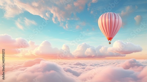  a hot air balloon flying above the clouds in the sky. generative ai