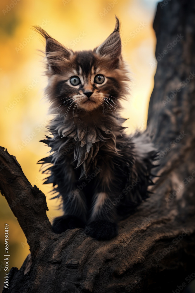 Wild little kitten sits on tree Wild little kitten sits on tree