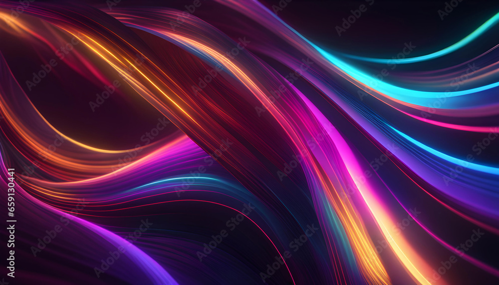  Abstract colorful neon background with glowing lines and waves. 3D rendering. Vector illustration