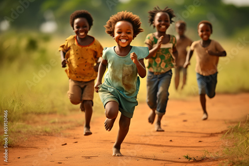 Small children run barefoot along a dirt road in Africa. Dream concept of a happy life, without hunger, child labor and access to education