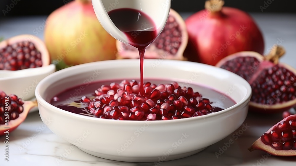 Putting flavorful pomegranate sauce in a dish. Putting flavorful pomegranate sauce in a dish.